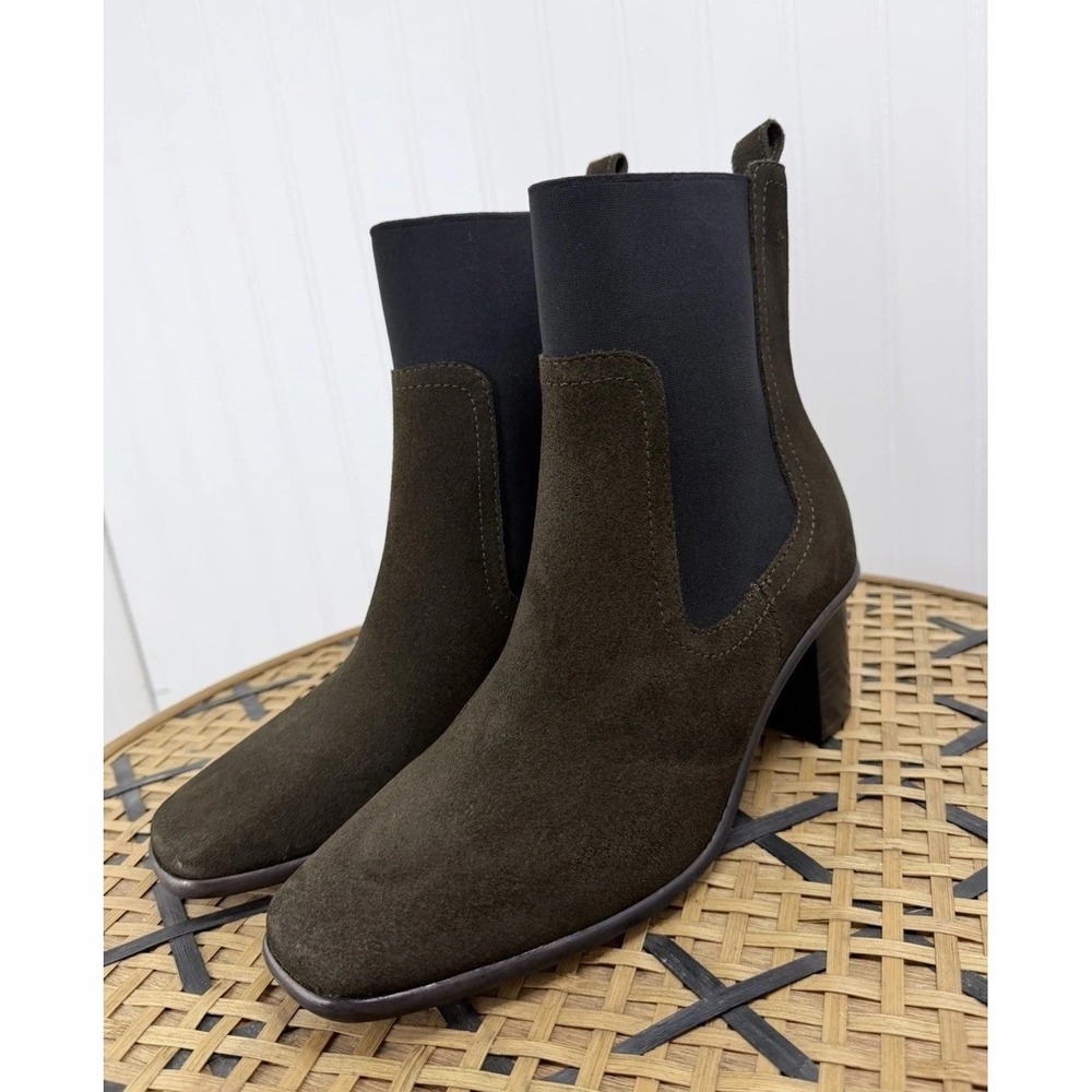 Patina Suede Chelsea Boots Women 9 Olive Green Square Toe Block Heel 13814
